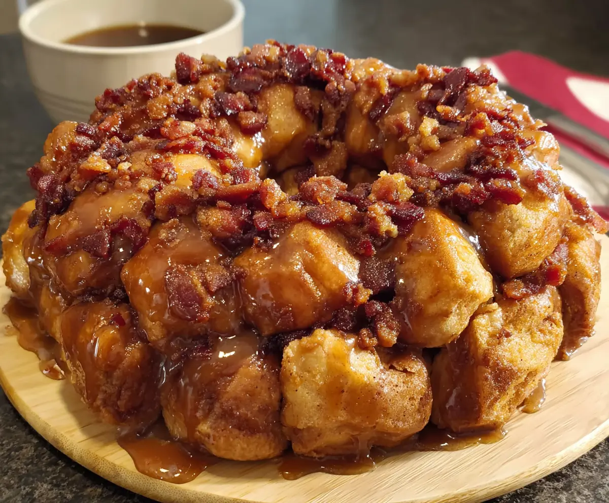 Delicious Maple Bacon Monkey Bread drizzled with syrup and topped with crispy bacon pieces.
