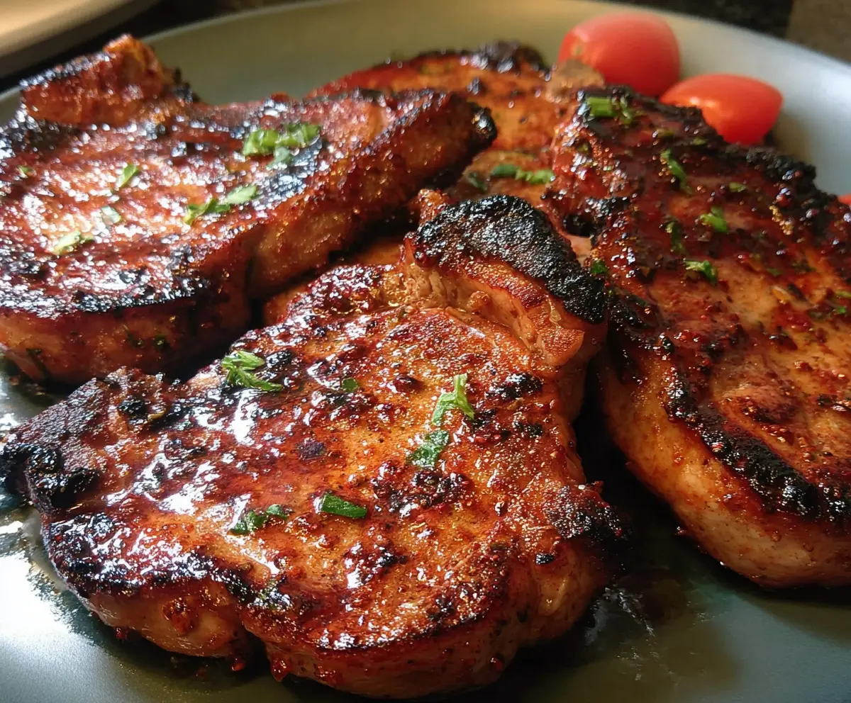 Juicy marinated spicy pork chops garnished with herbs on a rustic plate