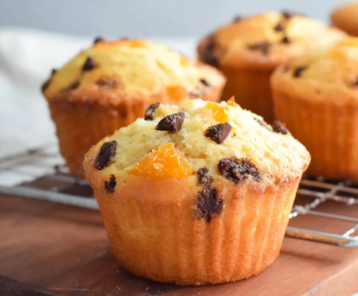 Delicious homemade orange chocolate chip muffins with bright orange zest and melting chocolate chips.