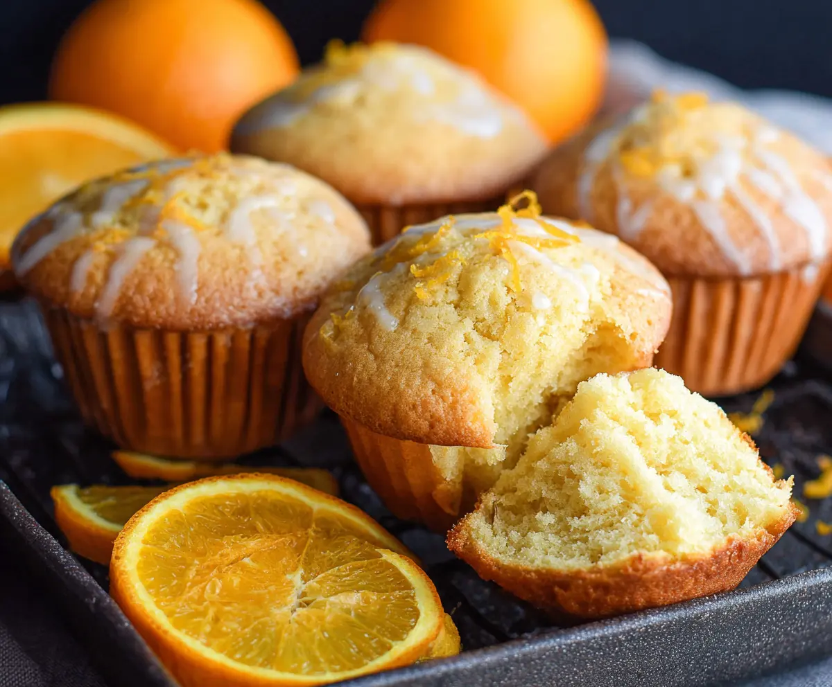 Freshly baked orange muffins on a plate, showcasing their golden crust and citrus flavor.