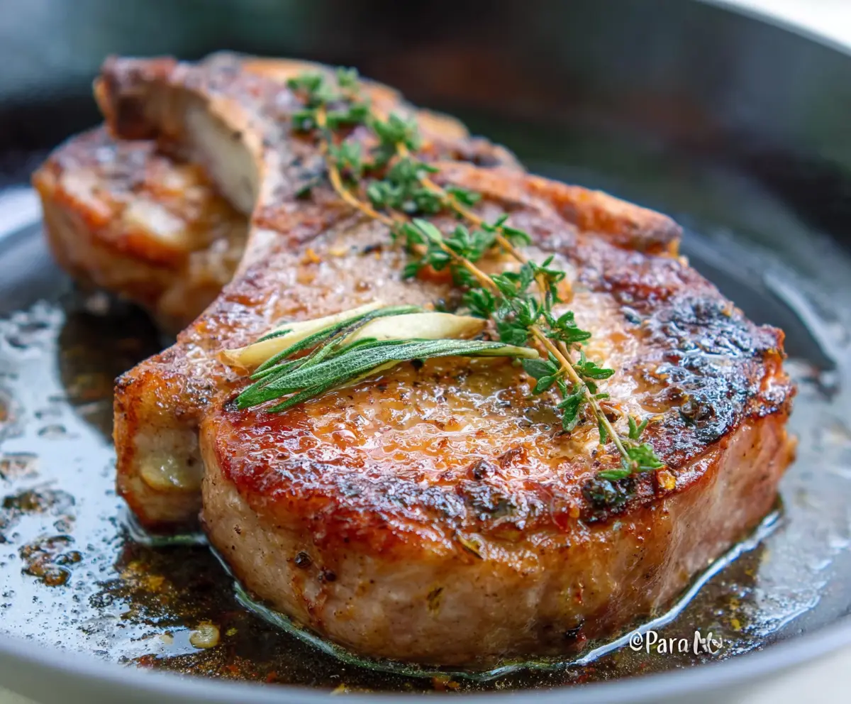 Juicy pan-roasted pork chops with golden crust served on a skillet