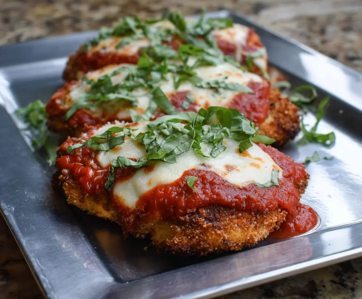 Crispy Panko-Breaded Pork Parmigiana served with marinara sauce and melted cheese.