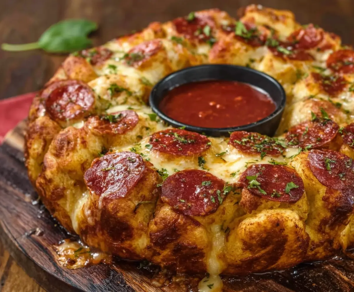 Delicious Pizza Monkey Bread with melted cheese, pepperoni, and fresh herbs in a baking dish.