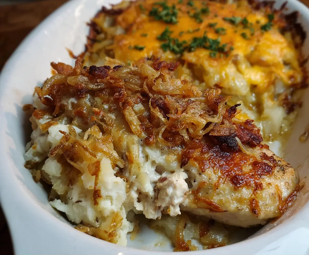 Delicious Pork Chop Potato Casserole topped with melted cheese and herbs.