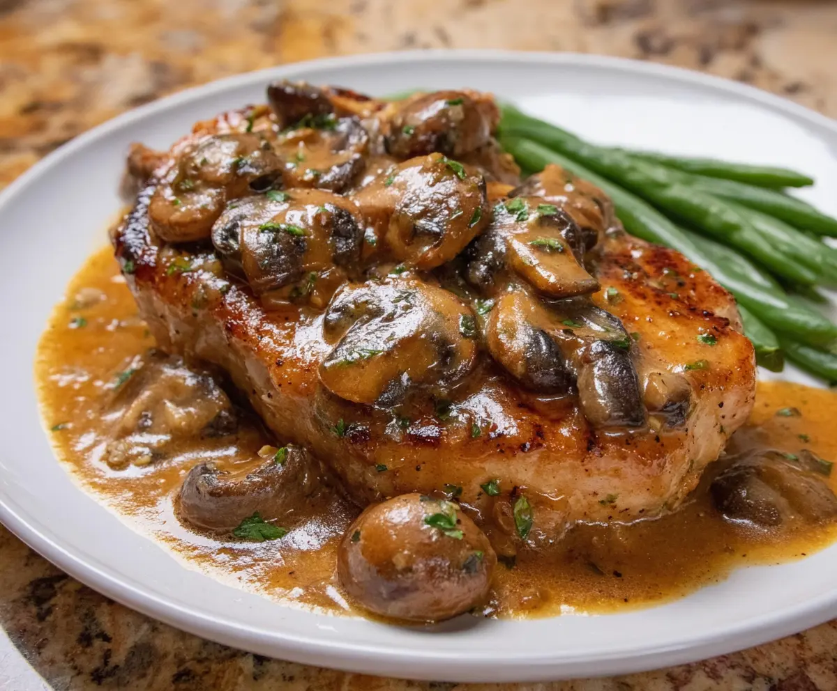 Delicious pork chops in a savory garlic mushroom sauce served on a plate.
