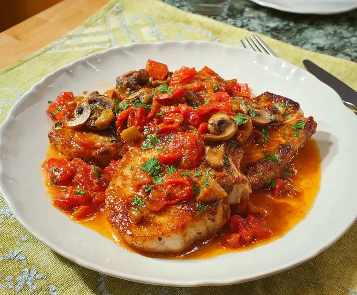 Delicious pork chops Italiano with herbs and rich sauce on a plate.