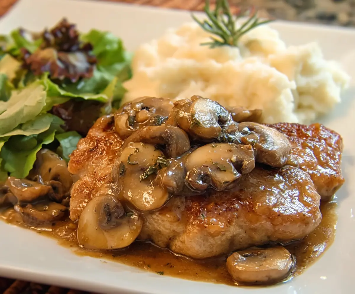 Delicious Pork Marsala served with mushroom and wine sauce on a dinner plate.