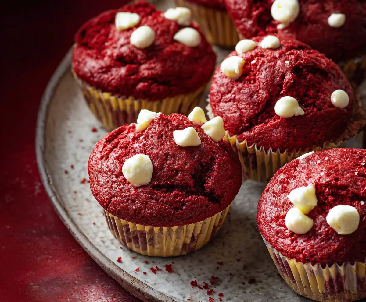 Delicious red velvet muffins with a soft and fluffy texture, perfect for a sweet treat.