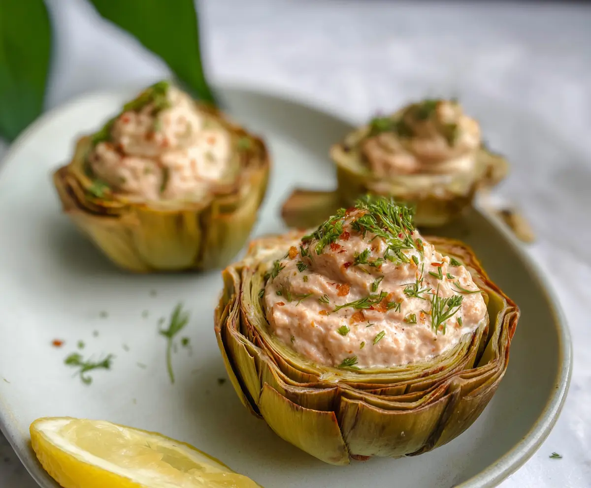 Delicious salmon pâté stuffed artichokes served as an elegant appetizer.
