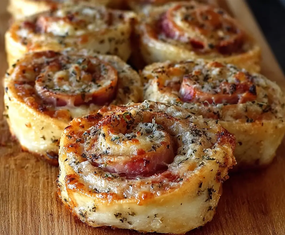 Delicious savory ham and cheese pinwheels fresh out of the oven, perfect for snack or appetizer.