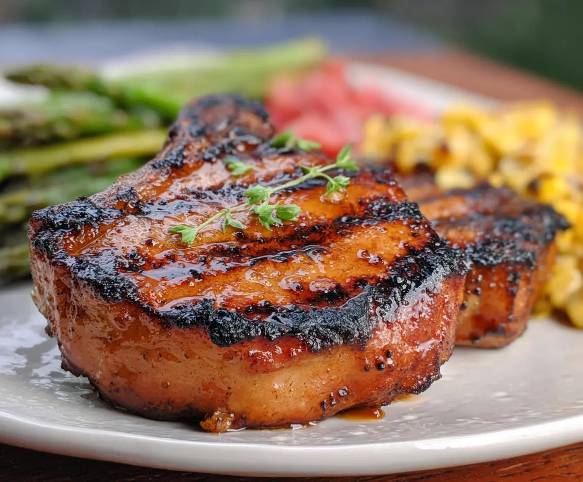 Juicy Southern-style grilled pork chops with caramelized grill marks on a plate