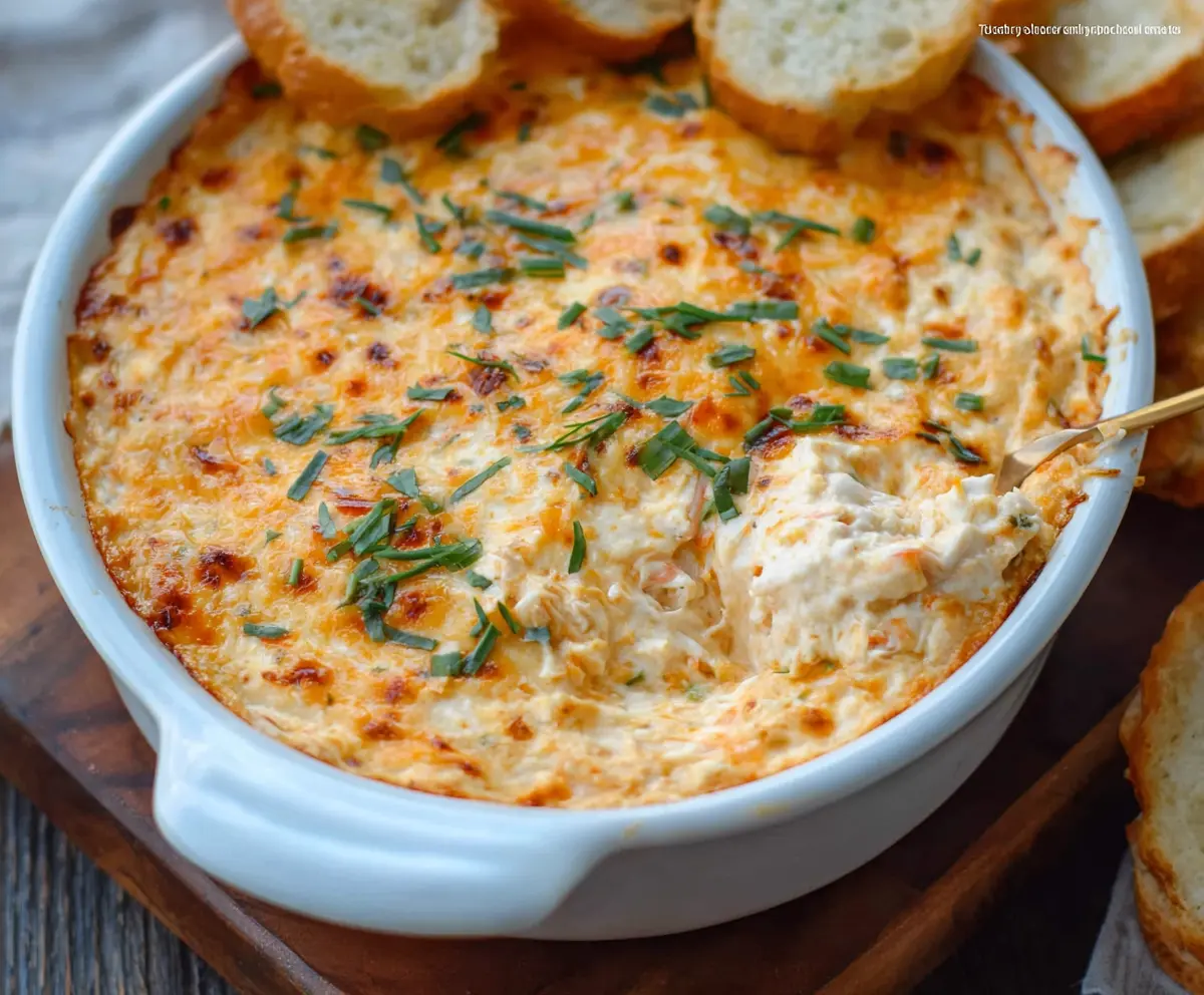 Delicious cheesy hot crab dip served in a bowl, perfect for appetizer gatherings.