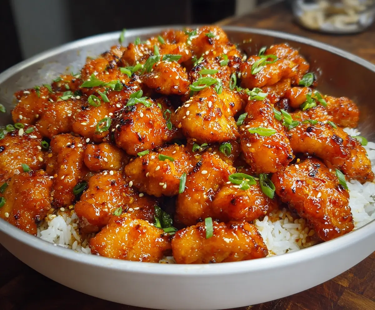 Delicious Chinese Honey Garlic Chicken dish with caramelized honey glaze and crispy garlic bits