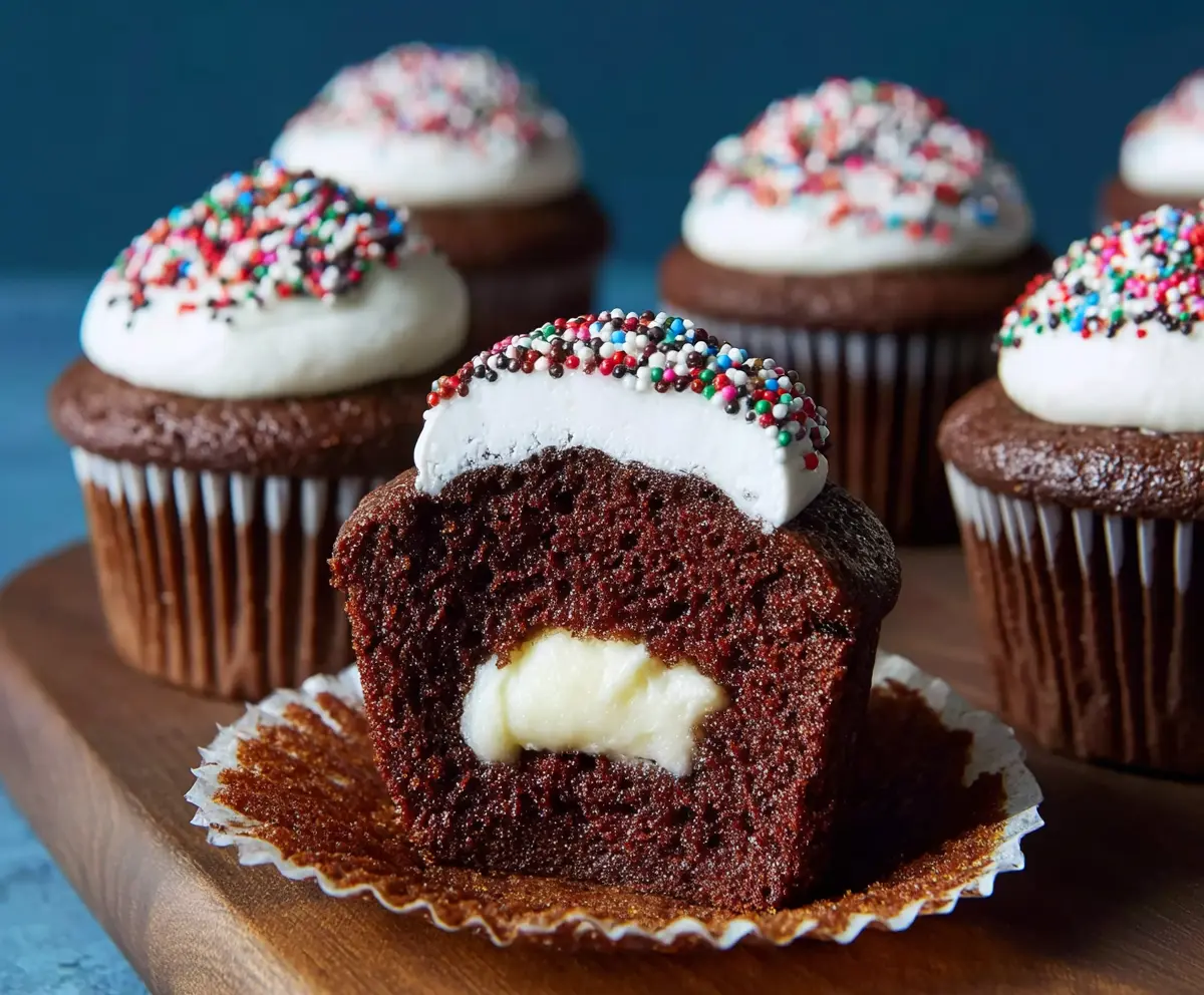 Delicious cream-filled cupcakes with fluffy frosting and sprinkles.