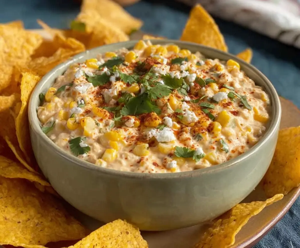 Creamy chipotle corn dip served in a bowl with crispy tortilla chips for a flavorful appetizer.