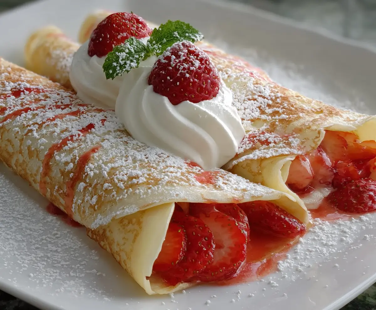Delicious creamy strawberry crepes topped with fresh strawberries and whipped cream for breakfast or dessert.