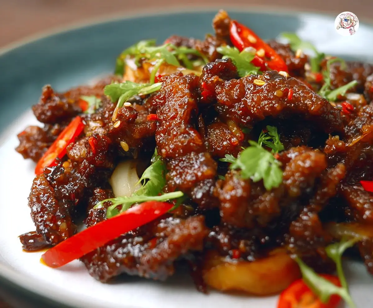 Delicious Crispy Chilli Beef topped with vibrant sweet chili sauce, perfect for a flavorful Asian-inspired meal.