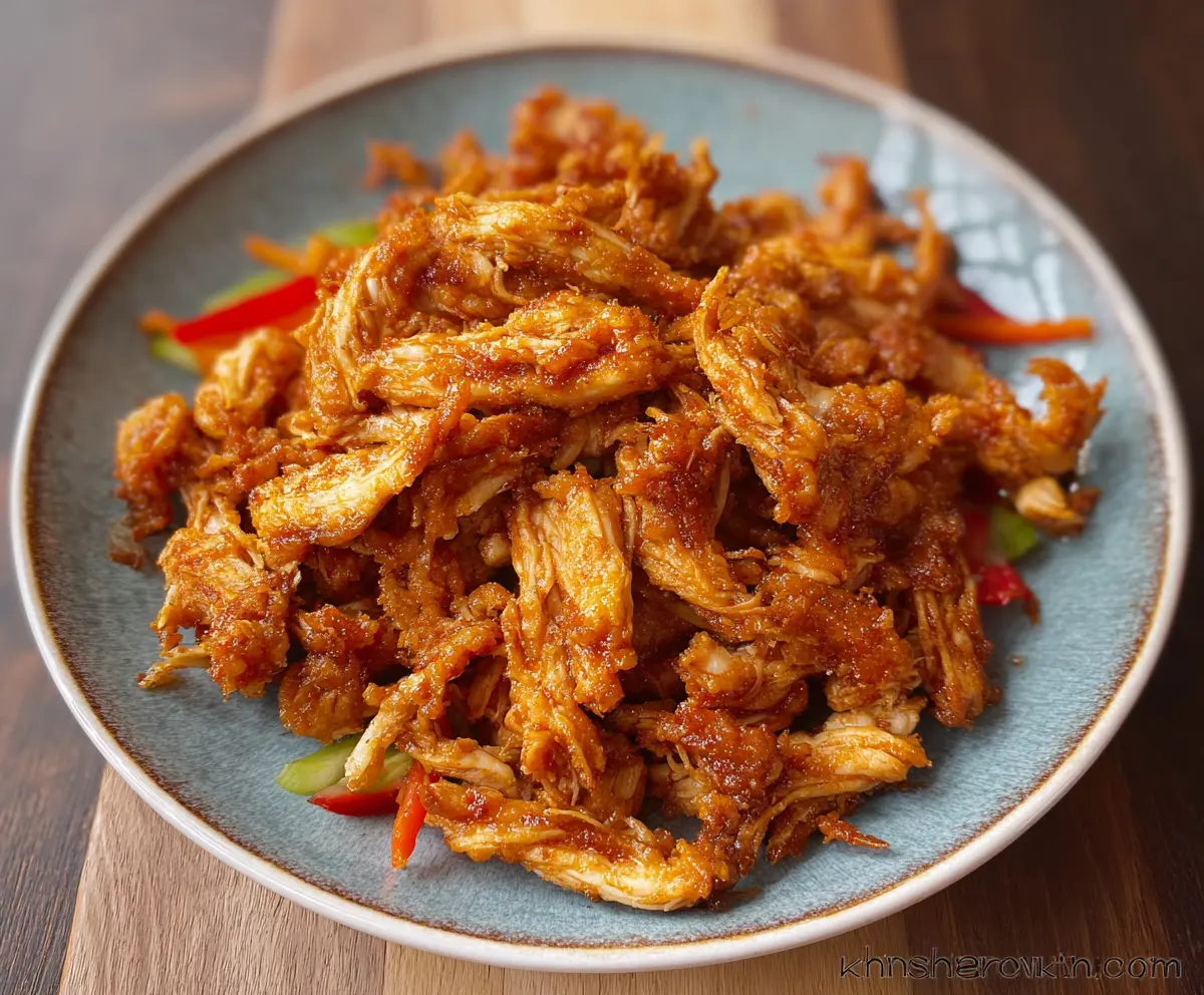 Crispy shredded chicken served on a plate with dipping sauce, ideal for Asian-inspired meals.