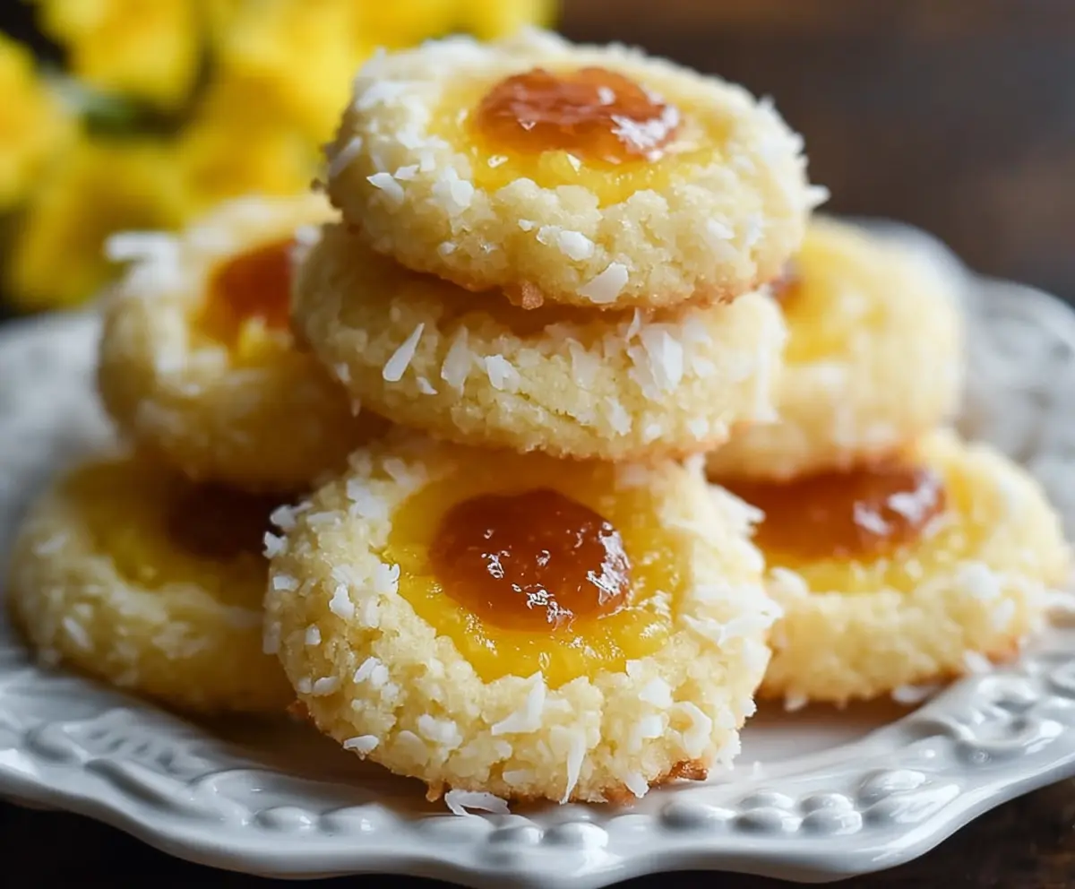 Delicious Hawaiian pineapple coconut thumbprint cookies on a white plate, perfect for tropical dessert lovers.