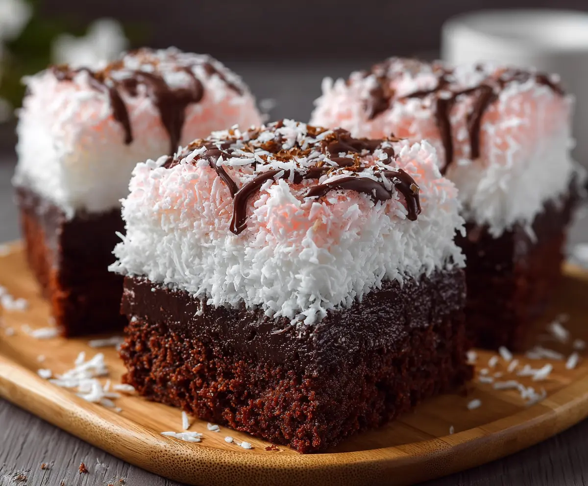 Delicious Easy Sno Ball Brownies topped with marshmallow and coconut for a sweet treat.