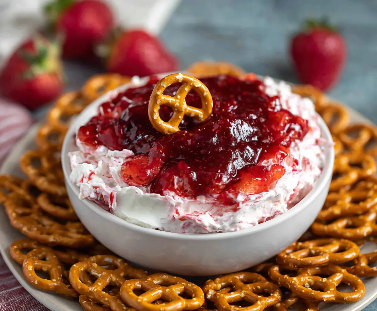 Delicious Easy Strawberry Pretzel Salad Dip served in a bowl, perfect for summer parties and gatherings.