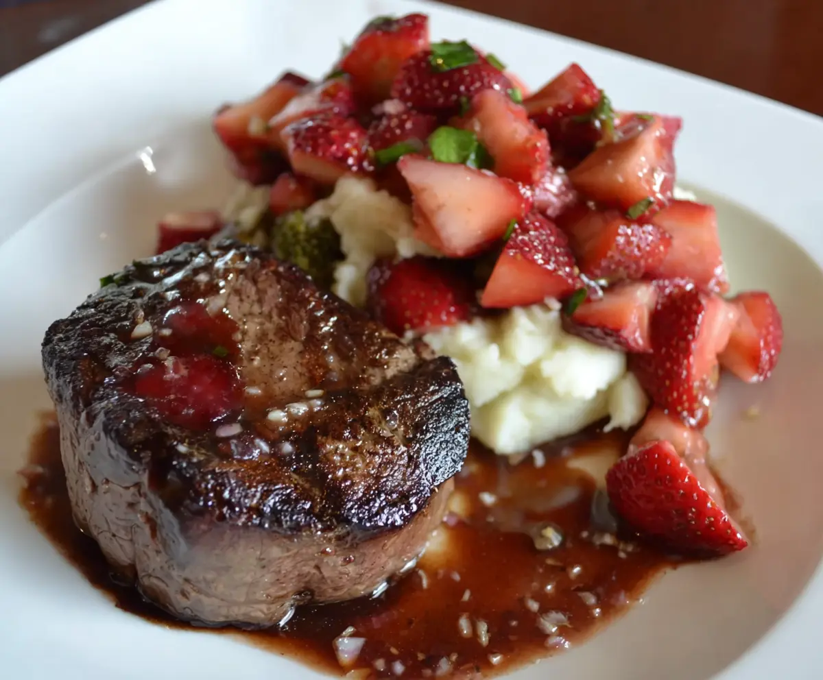 Delicious Filet Mignon served with fresh Balsamic Strawberries for an elegant dinner.