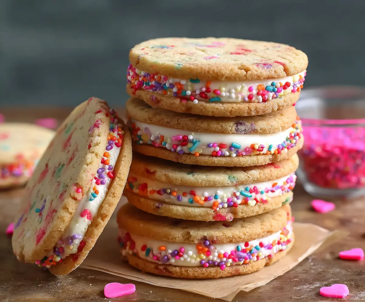 Delicious Funfetti Cheesecake Sandwich Cookies with colorful sprinkles and creamy filling