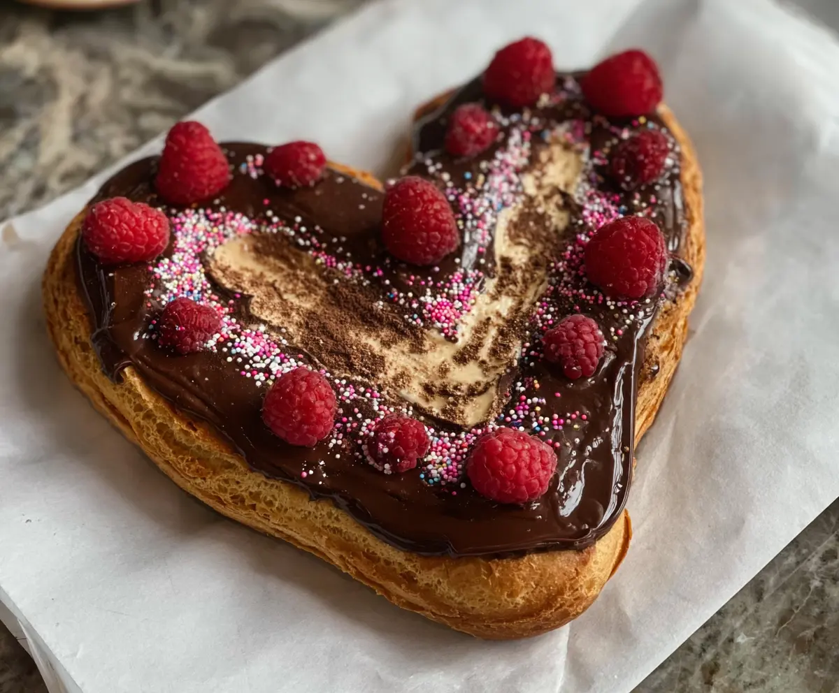 Delicious heart-shaped chocolate éclairs topped with glossy chocolate glaze for a romantic dessert.