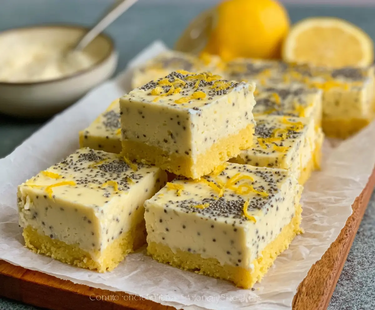 Keto Lemon Poppy Seed Cottage Cheese Bars on a plate, showing a healthy low-carb snack with bright lemon flavor and poppy seeds.