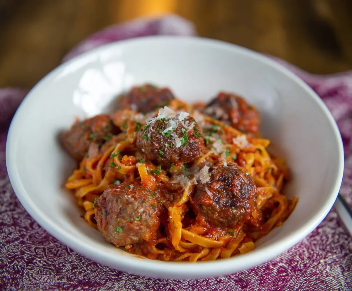 Delicious spaghetti pasta topped with homemade meatballs and rich tomato sauce.