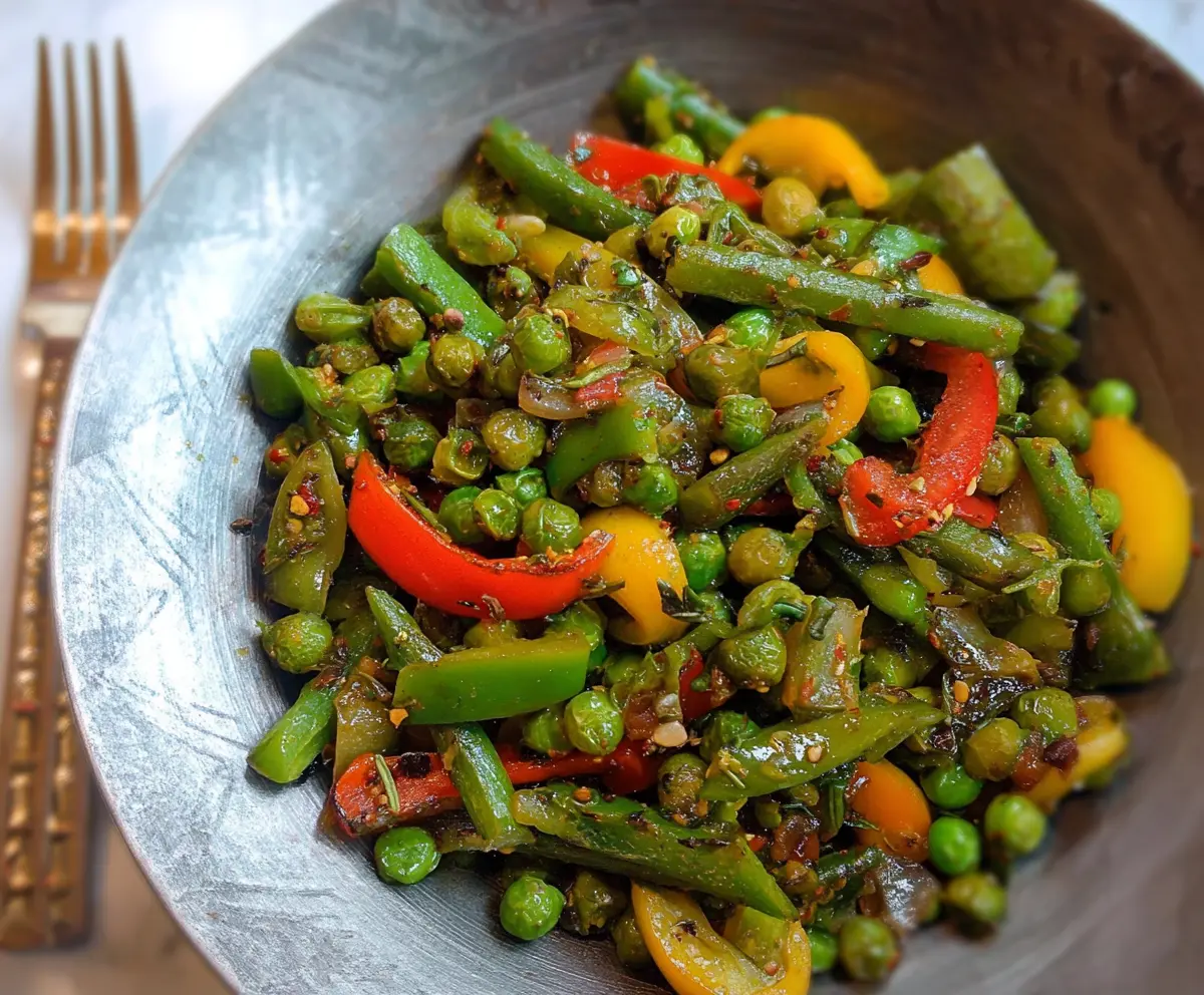 Colorful peas and peppers stir-fry served in a bowl, showcasing fresh vegetables and vibrant flavors.