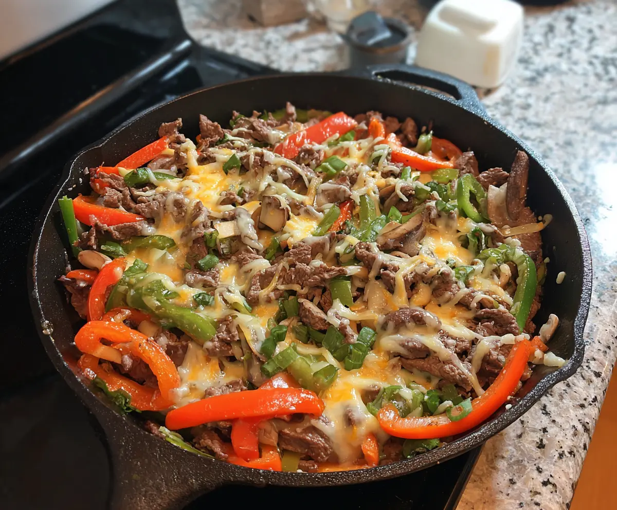 Delicious keto Philly Cheesesteak Skillet with tender beef, melted cheese, and peppers in a skillet.