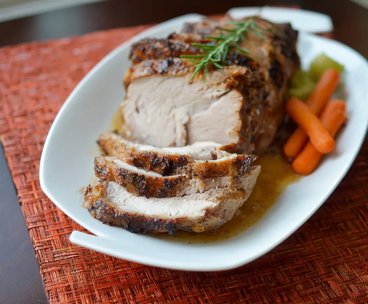 Juicy pressure cooker pork roast with golden crispy edges served on a cutting board