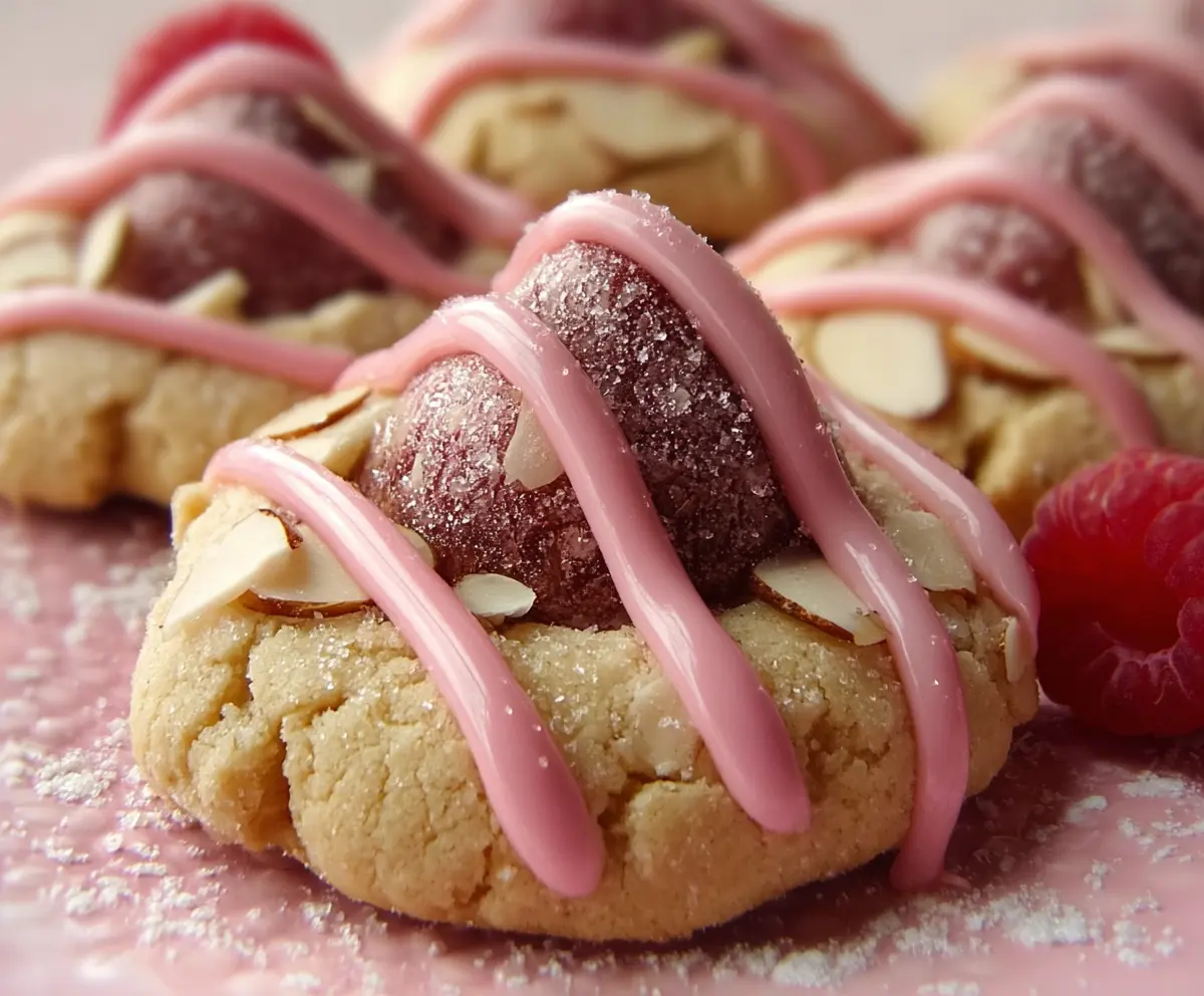 Delicious Raspberry Almond Kiss Cookies with fresh raspberries and almond toppings on a white plate.