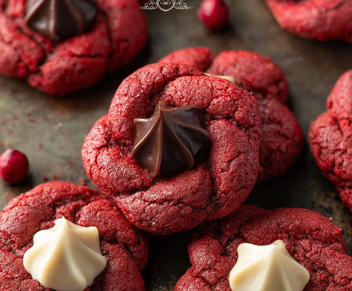 Delicious Red Velvet Blossom Cookies with smooth icing and cherry on top, perfect for holidays