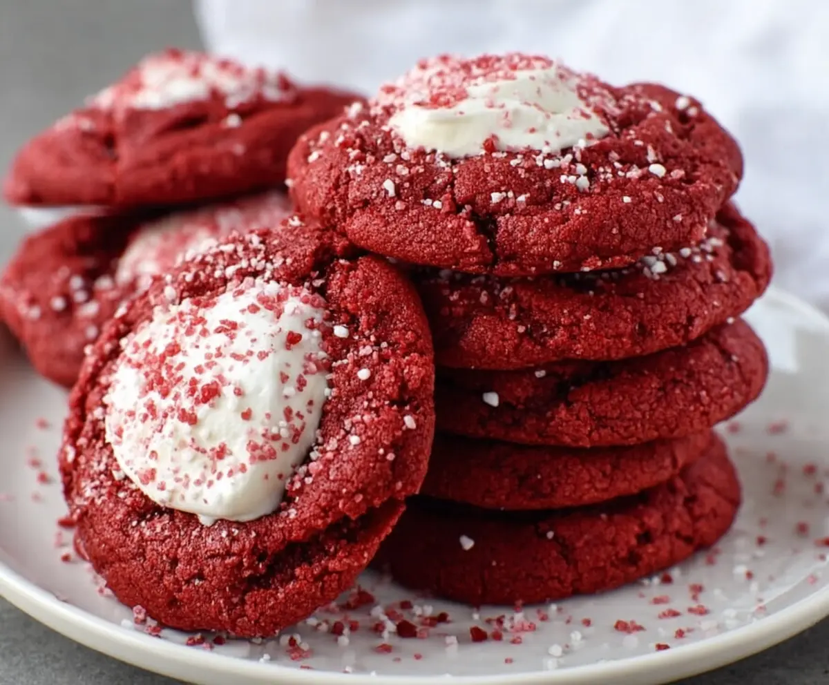 Delicious Red Velvet Cake Mix Cookies fresh out of the oven with vibrant red color and frosting.