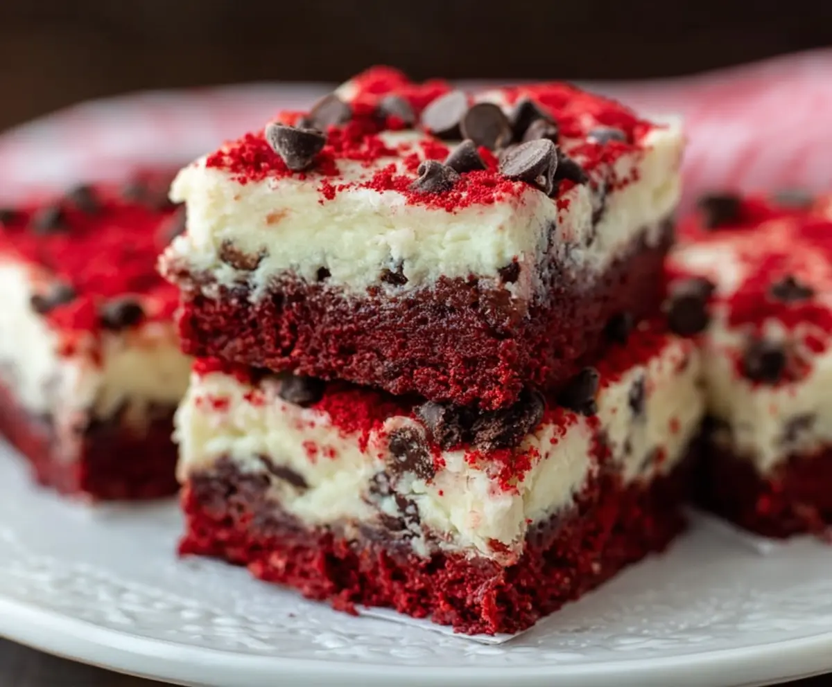 Delicious Red Velvet Cheesecake Bars with chocolate chips on a serving plate