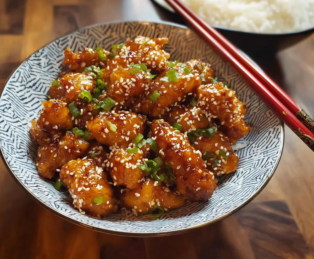Crispy sesame chicken served with a side of steamed vegetables on a white plate.
