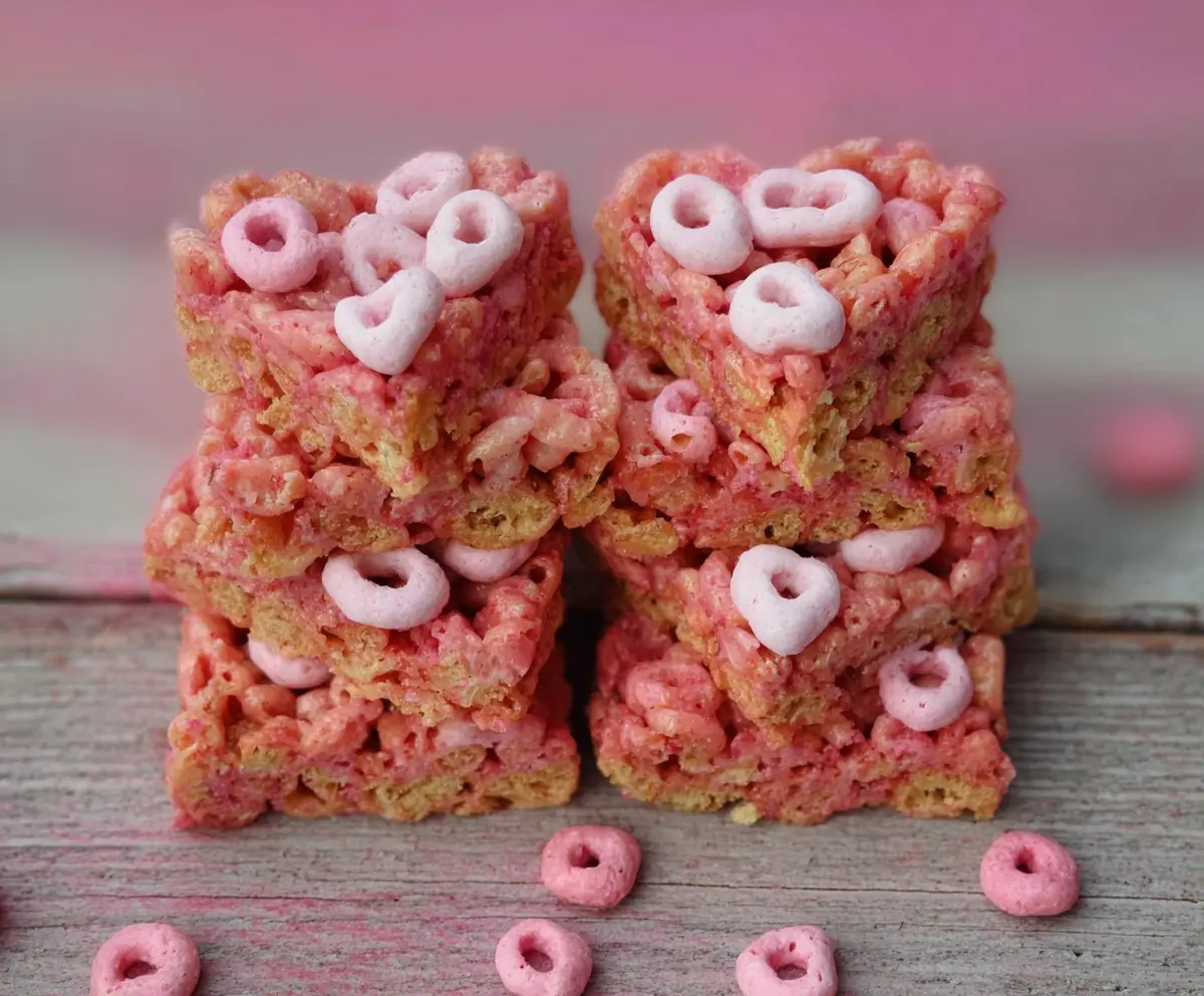 Delicious pink cereal bars with a glossy glaze on a white plate, perfect for snacking.