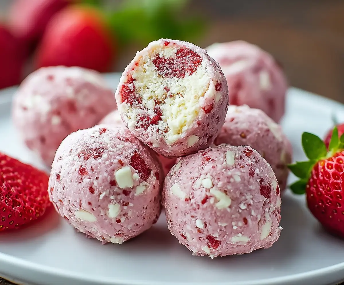 Delicious Strawberry Cheesecake Protein Balls made with fresh strawberries and creamy cheese for a healthy snack.