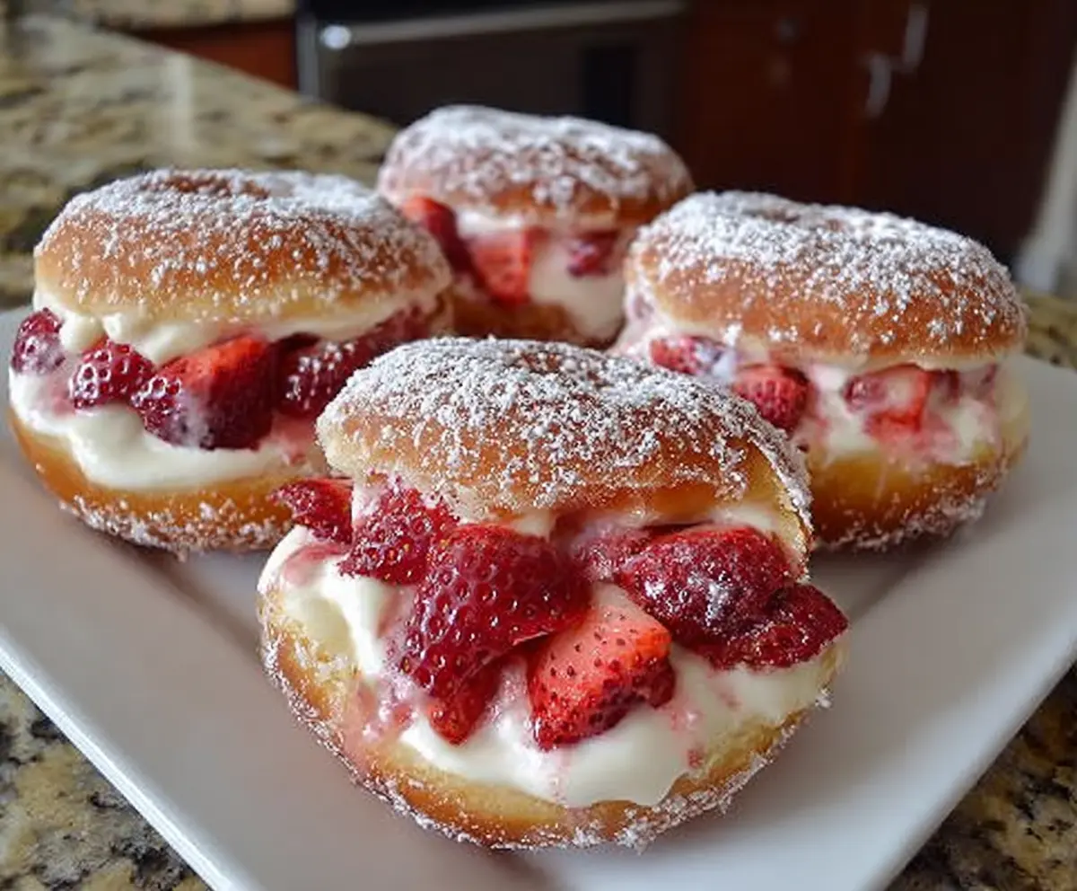 Delicious strawberry cheesecake stuffed donuts on a plate, showcasing creamy filling and fresh strawberries.