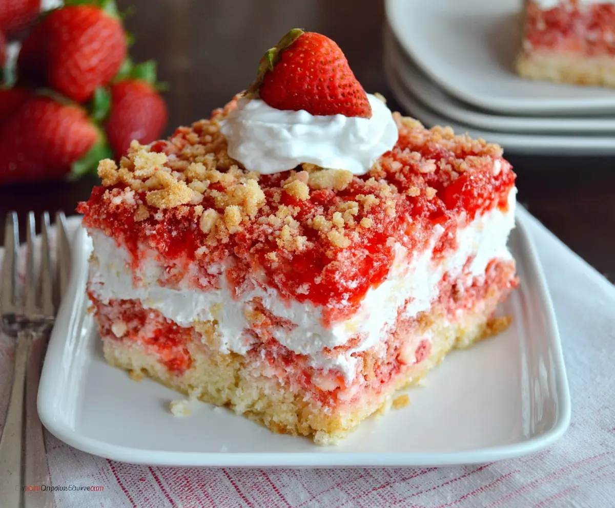 Strawberry Crunch Poke Cake