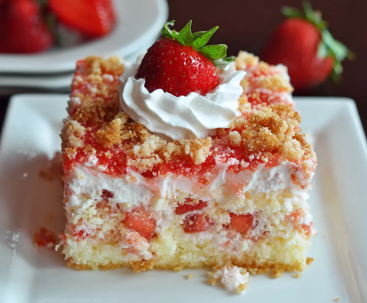 Delicious Strawberry Crunch Poke Cake with fresh strawberries and crunchy topping.