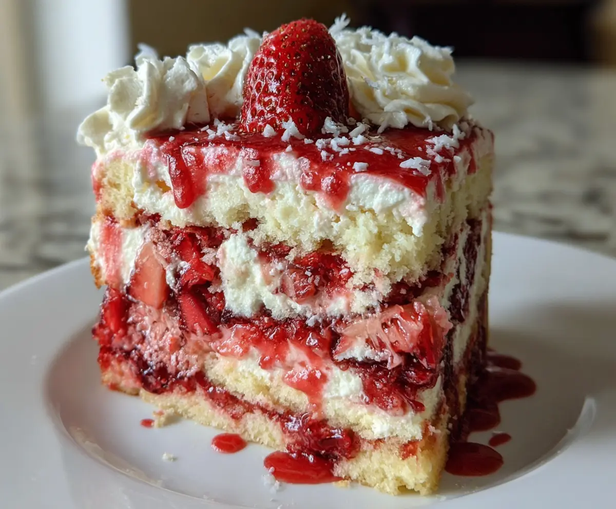 Delicious Strawberry Earthquake Cake with fresh strawberries and rich frosting.