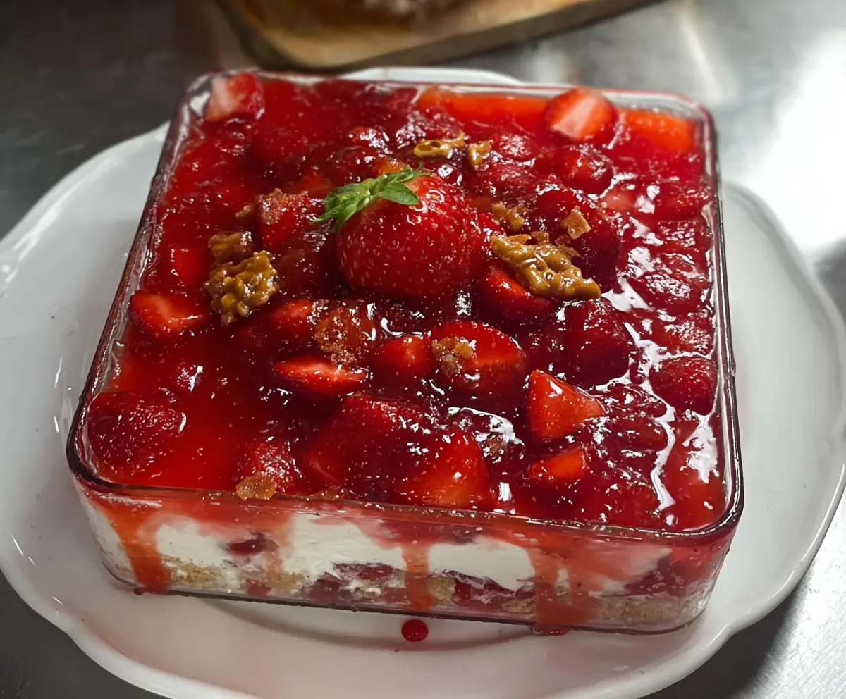 Delicious Strawberry Pretzel Salad with fresh strawberries and creamy topping on a glass serving dish.