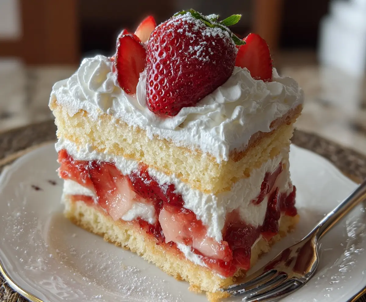 Delicious strawberry shortcake with fresh strawberries, fluffy whipped cream, and layered sponge cake.