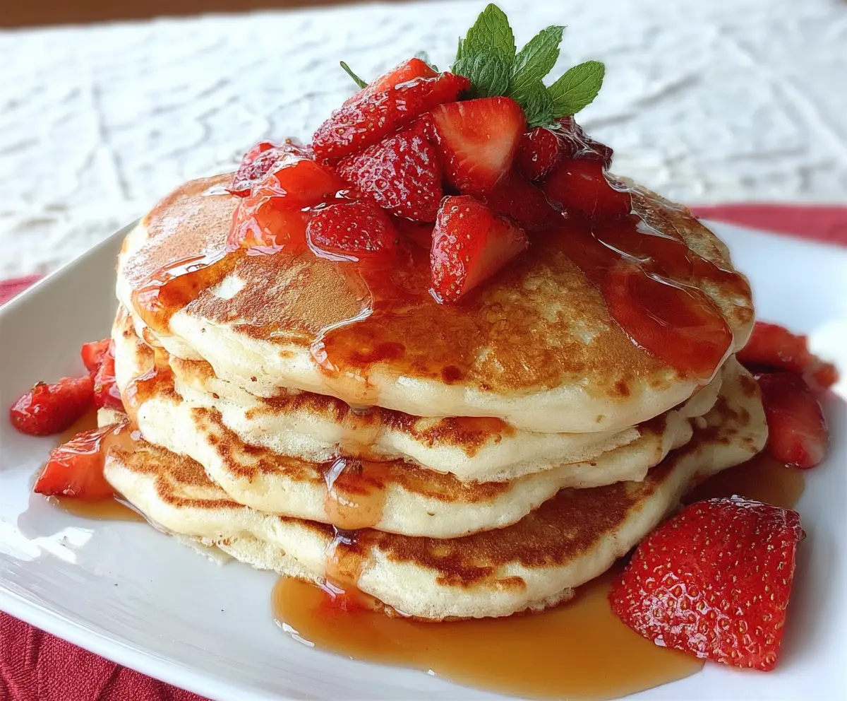Fluffy strawberry vanilla pancakes stacked with fresh strawberries and a drizzle of syrup.