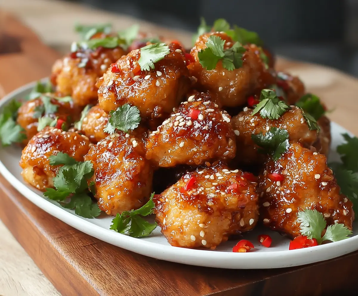 Delicious Thai Chicken Bites served on a plate with herbs and dipping sauce