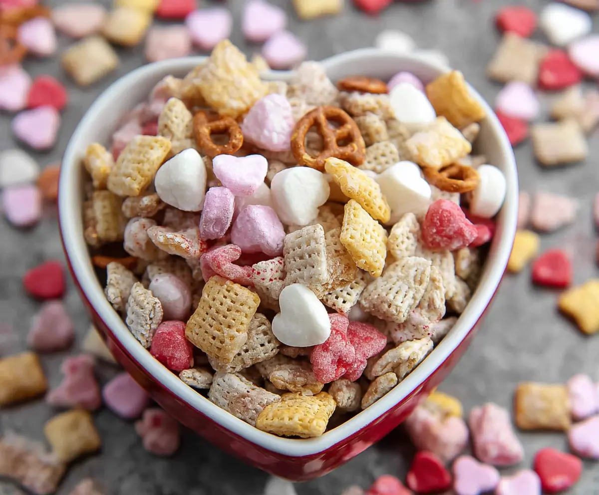 Delicious Valentine Chex Mix with heart-shaped candies and colorful sprinkles for a festive treat.
