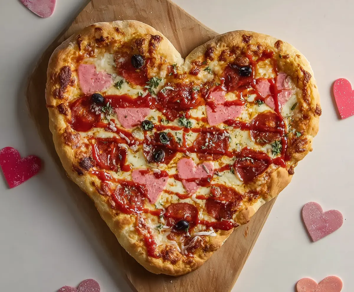 Delicious Valentine Pizza topped with heart-shaped pepperoni and fresh vegetables for a romantic dinner